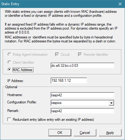 dhcp entry configuration
